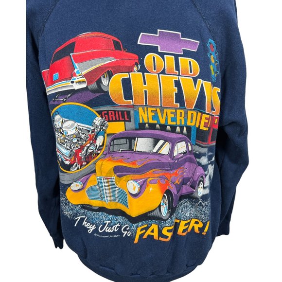 VINTAGE 90's UNISEX Blue Speed Limit Seventy "Old Chevy's Never Die" Pullover - Picture 2 of 8